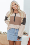 Jet Stream Color Block Waffled Patchwork Loose Henley Top