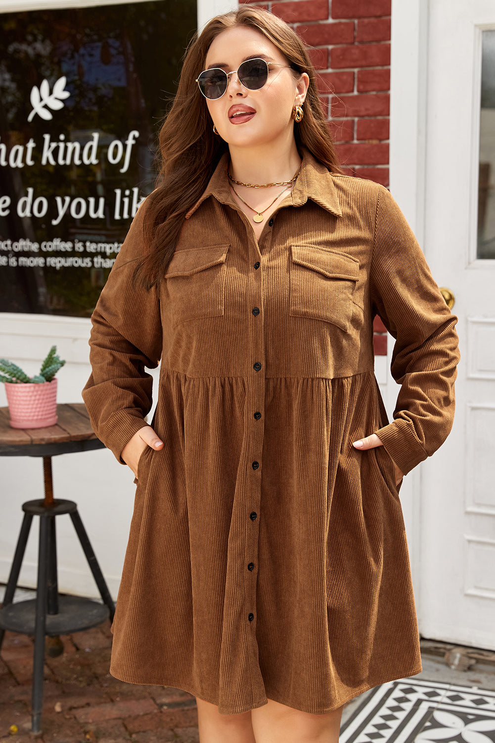 Camel Corduroy Full Buttoned Collared Shirt Style Plus Size Dress