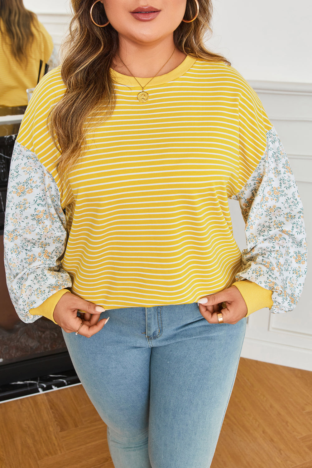 Yellow Stripe Striped Contrast Floral Sleeve Patchwork Plus Size Loose Top