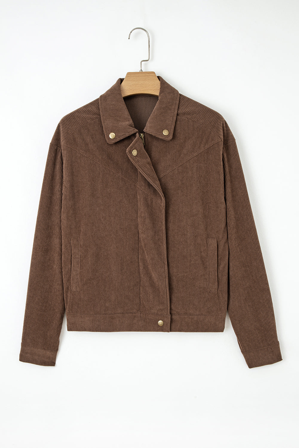 Dark Khaki Button Zip Up Lapel Collar Corduroy Jacket