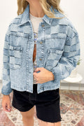 Beau Blue Denim Checkered Pattern Patchwork Womens Casual Jacket
