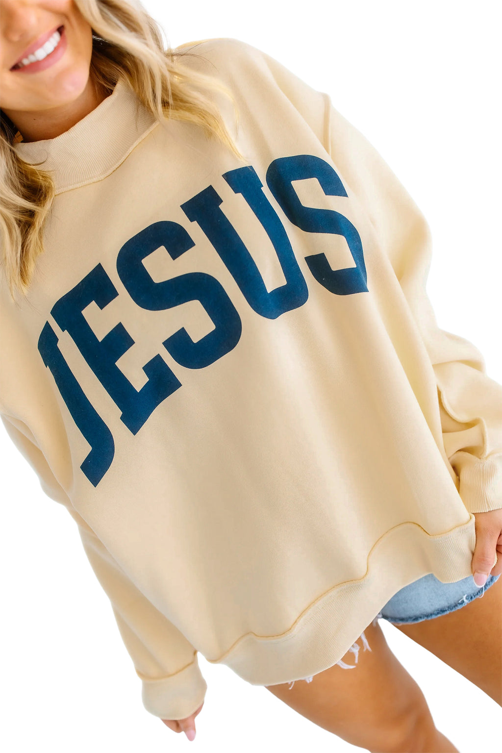 Light Grey Jesus Slogan Stand Neck Long Sleeve Oversized Tunic Plus Size Sweatshirt