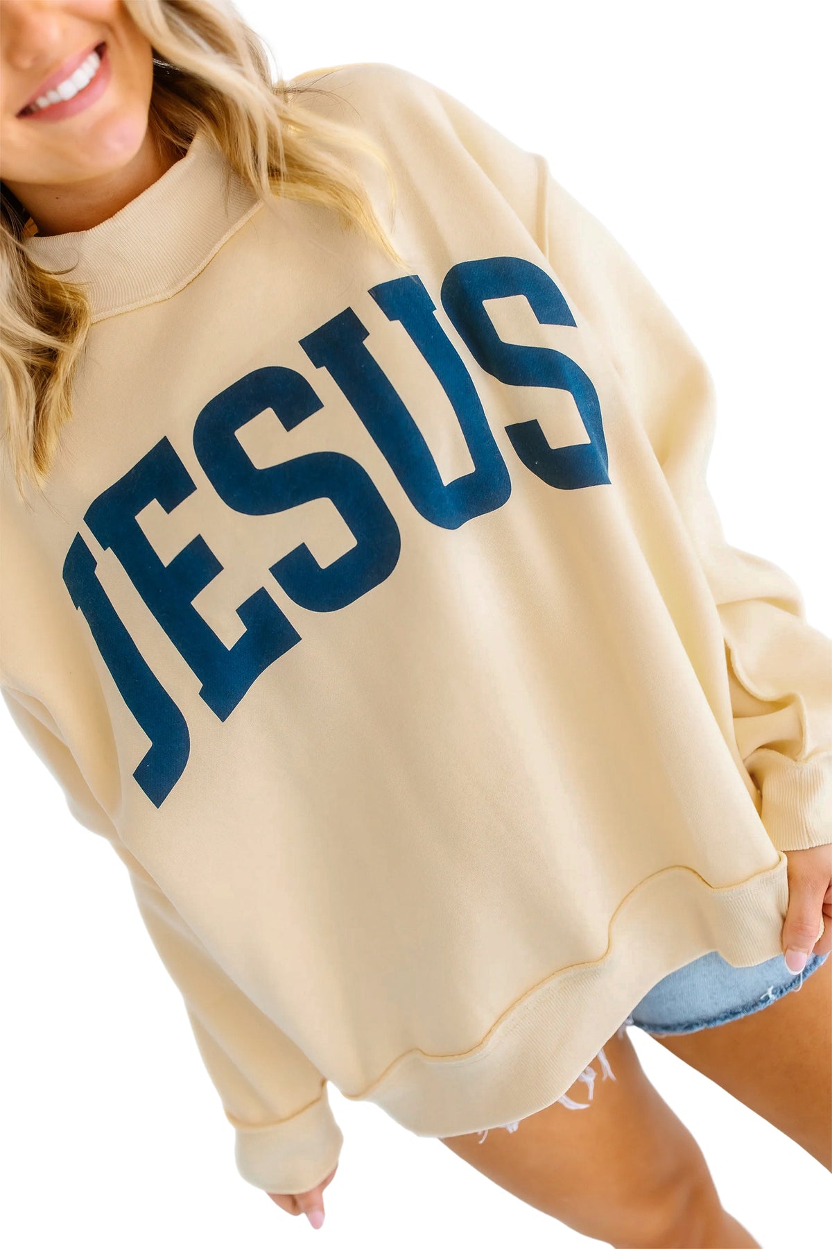 Light Grey Jesus Slogan Stand Neck Long Sleeve Oversized Tunic Plus Size Sweatshirt