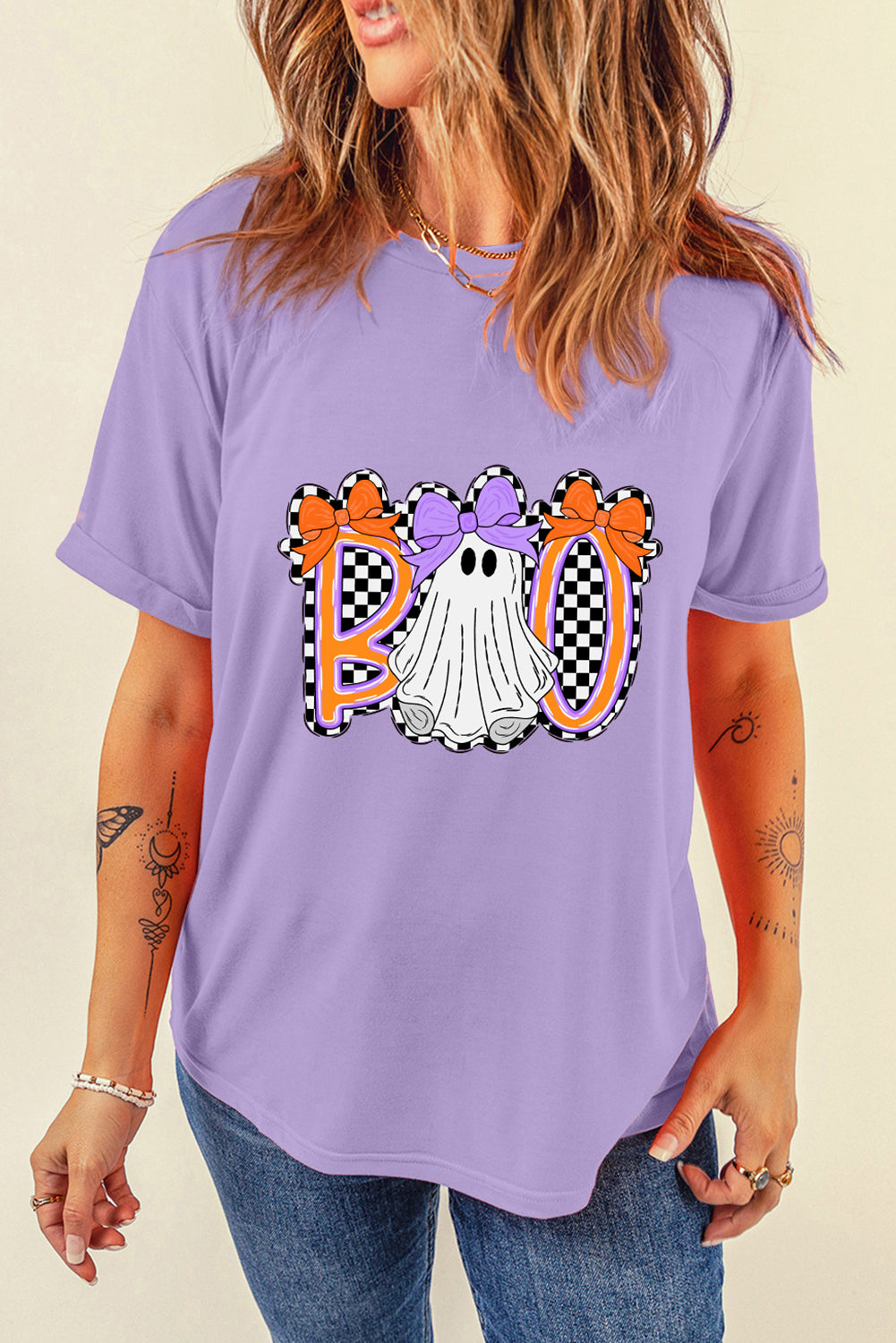 Wisteria Boo Checkered Bow Ghost Halloween Graphic Tee