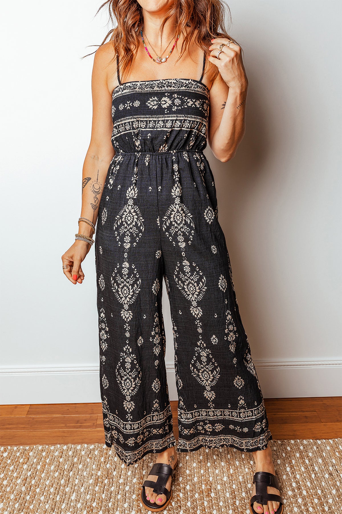 Black Spaghetti Straps Elastic Waist Loose Ethnic Print Jumpsuit