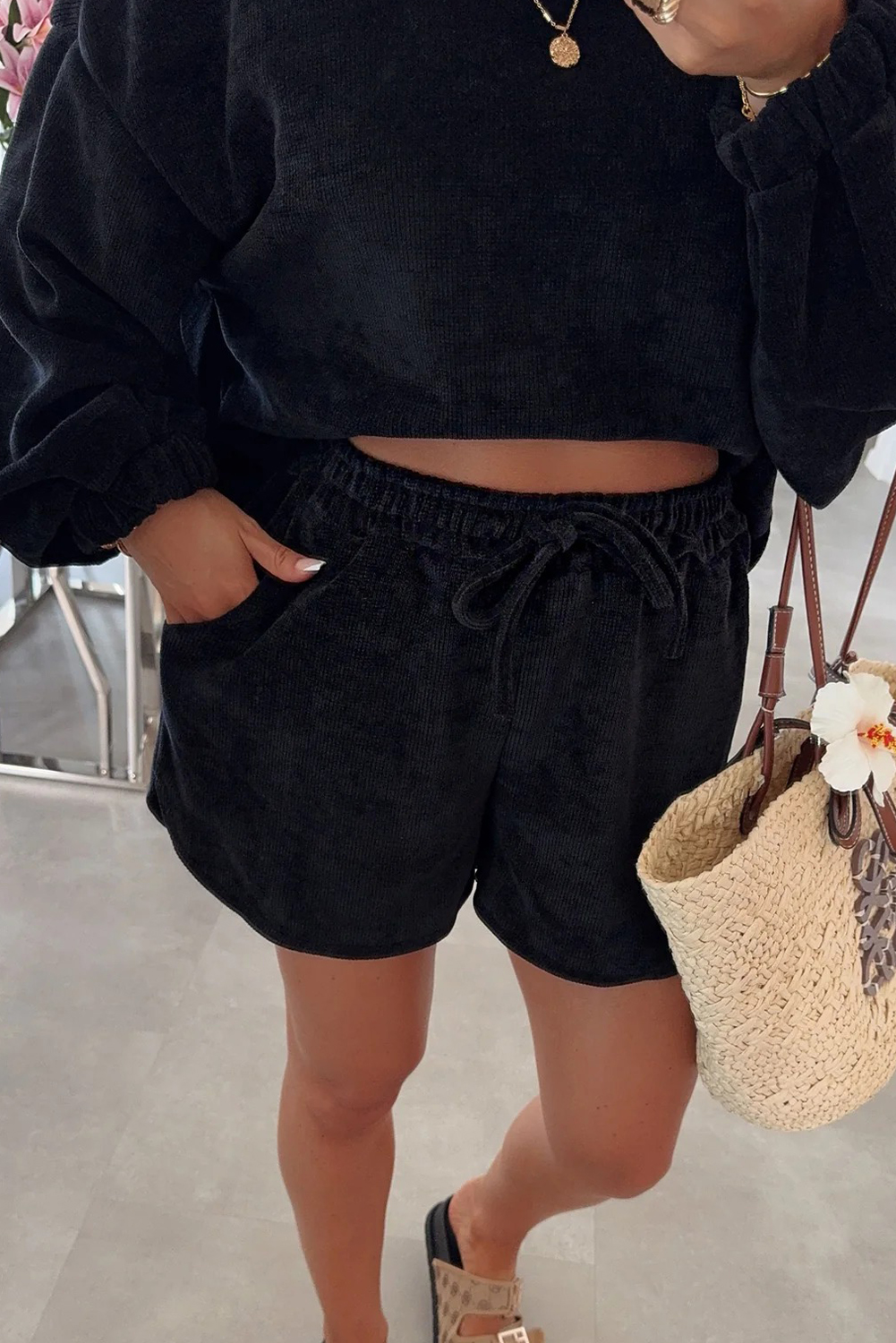 Jet Stream Solid Color Textured Knit Drop Shoulder Pullover Drawstring Shorts Set