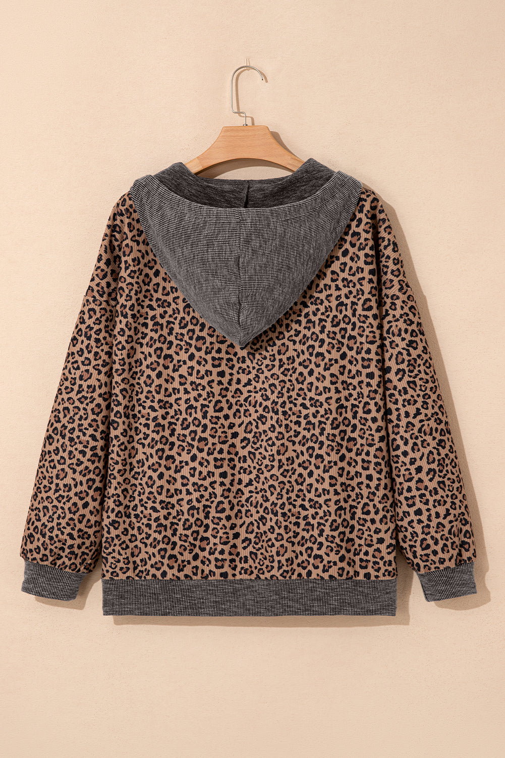 Khaki Ribbed Leopard Print Contrast Collar Zip Hooded Pullover Sweatshirt