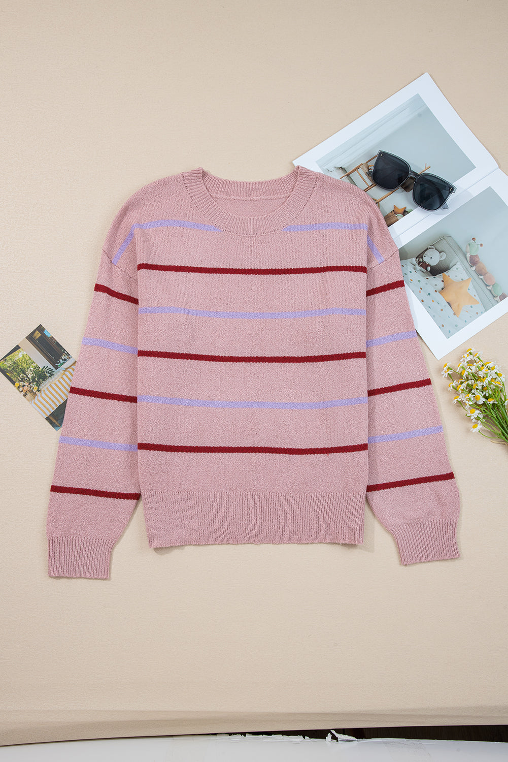 Multicolour Ribbed Edge Drop Shoulder Sweater