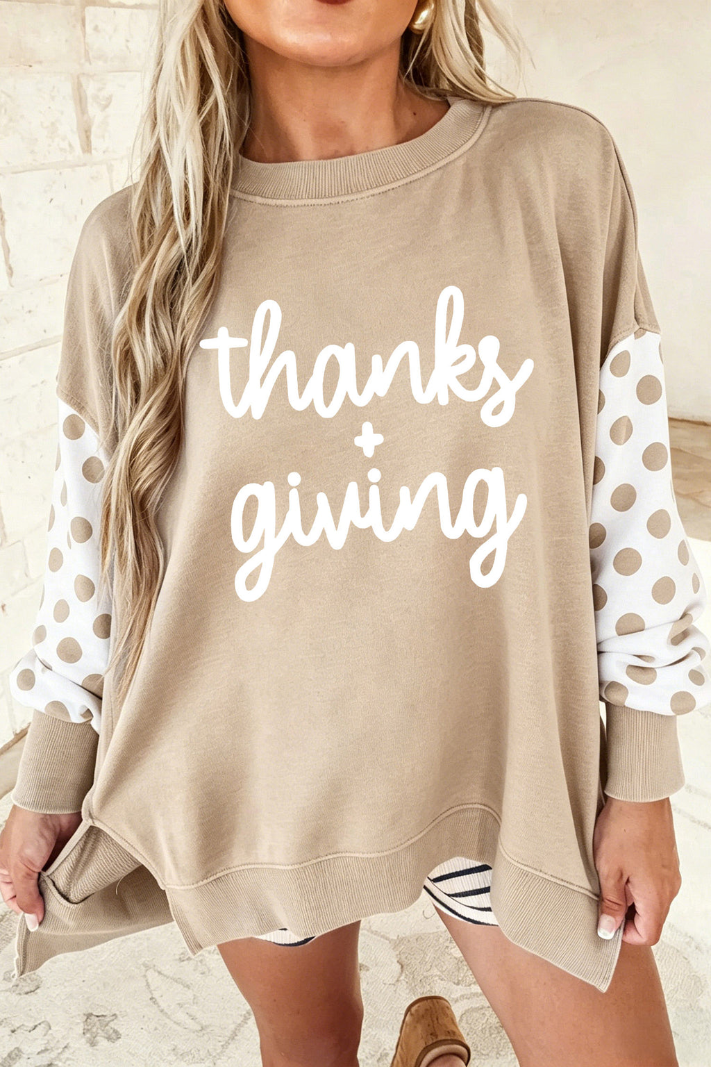 Khaki Thanksgiving Slogan Patchwork Pullover Graphic Sweatshirt