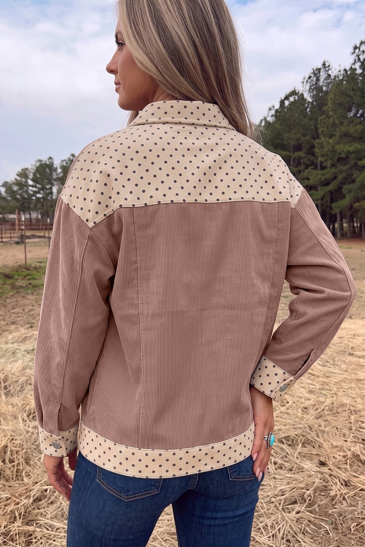 Goat Contrast Polka Dot Patchwork Corduroy Button Shacket