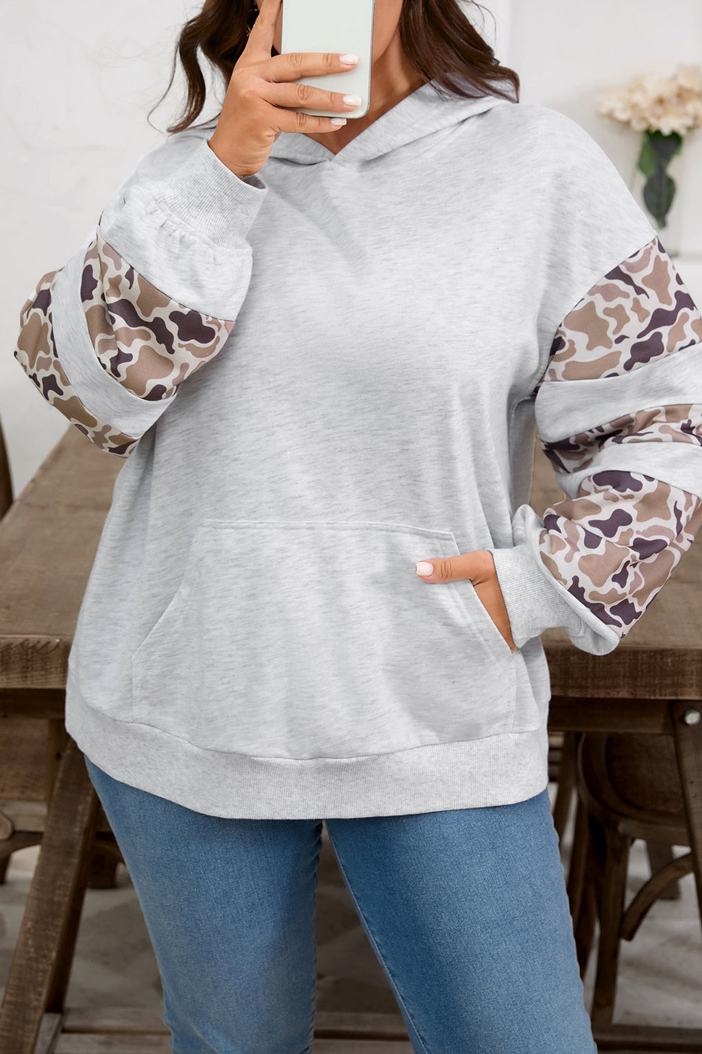 Light Grey Camouflage Patchwork Asymmetric Sleeve Plus Size Hoodie