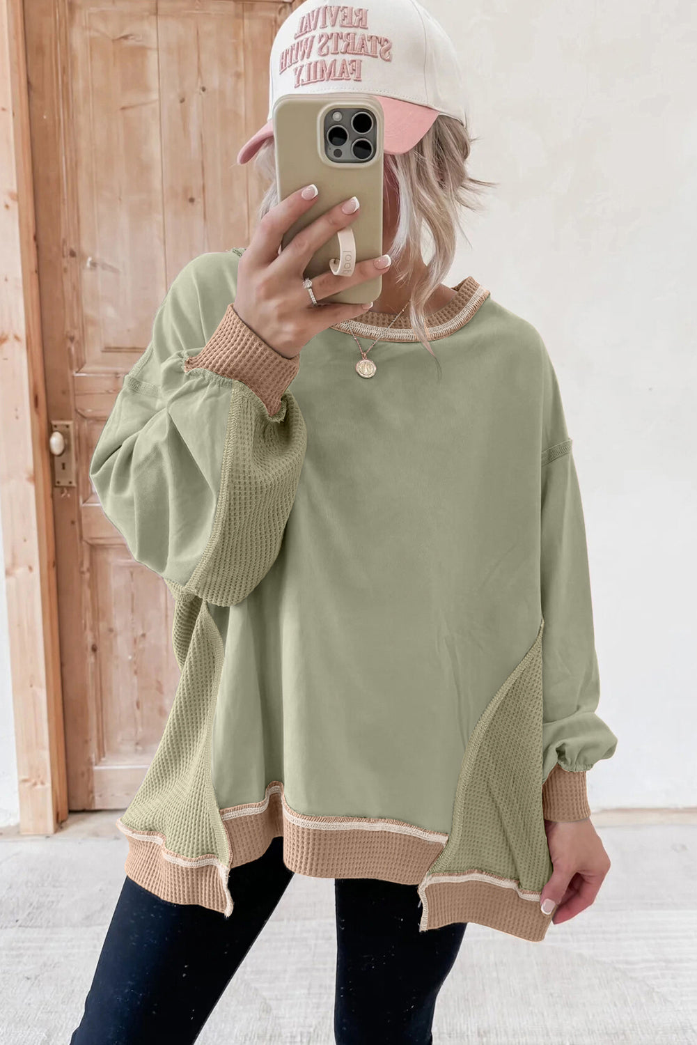 Smoke Green Color Block Mix Texture Waffle Patchwork Oversize Sweatshirt