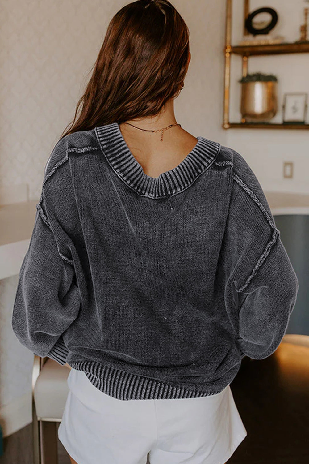 Black Mineral Wash V Neck Knit Exposed Seam Drop Shoulder Loose Sweater