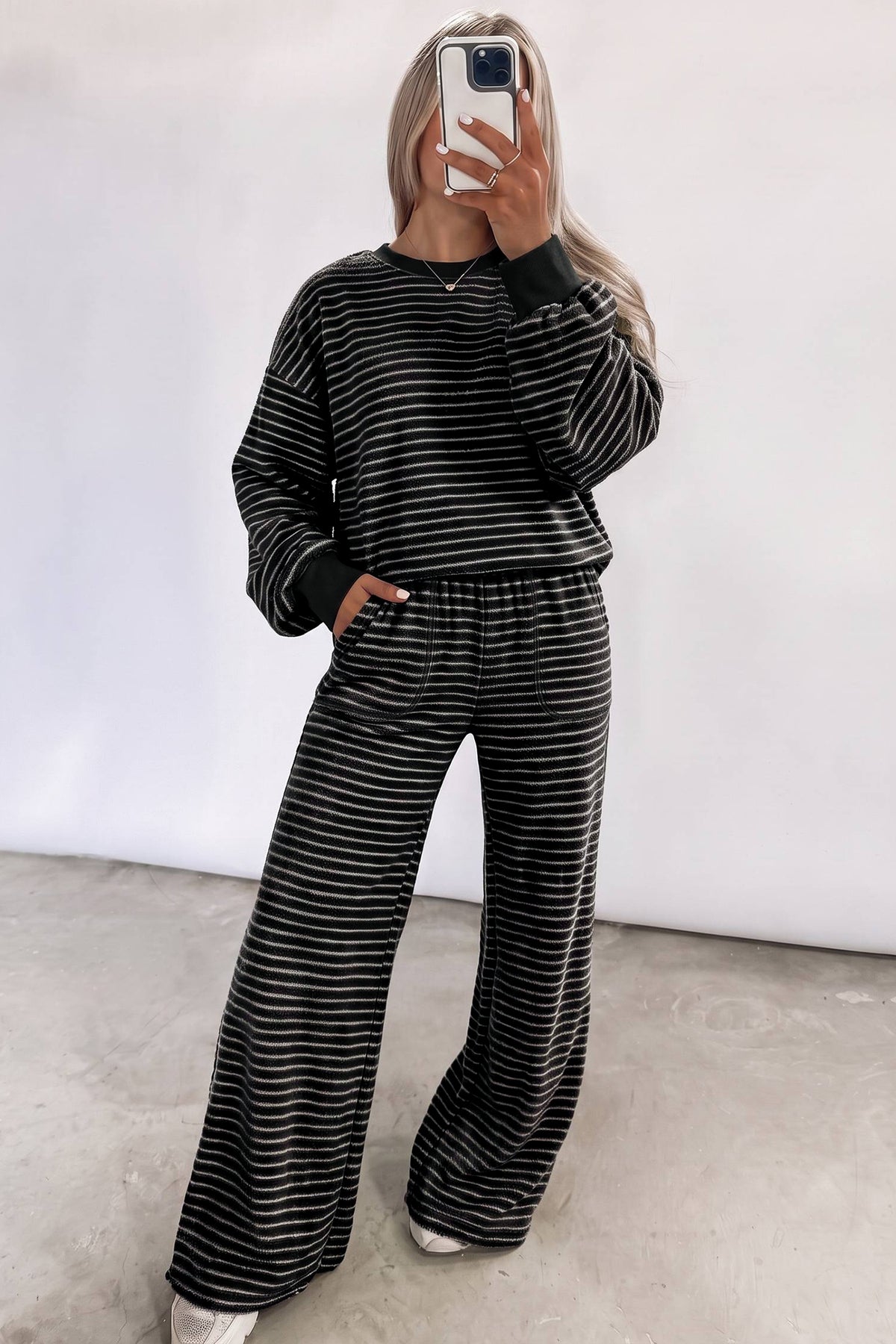 Black Stripe Cozy Terry Knit Long Sleeve Pullover Pocketed Shift Pants 2pcs Sets