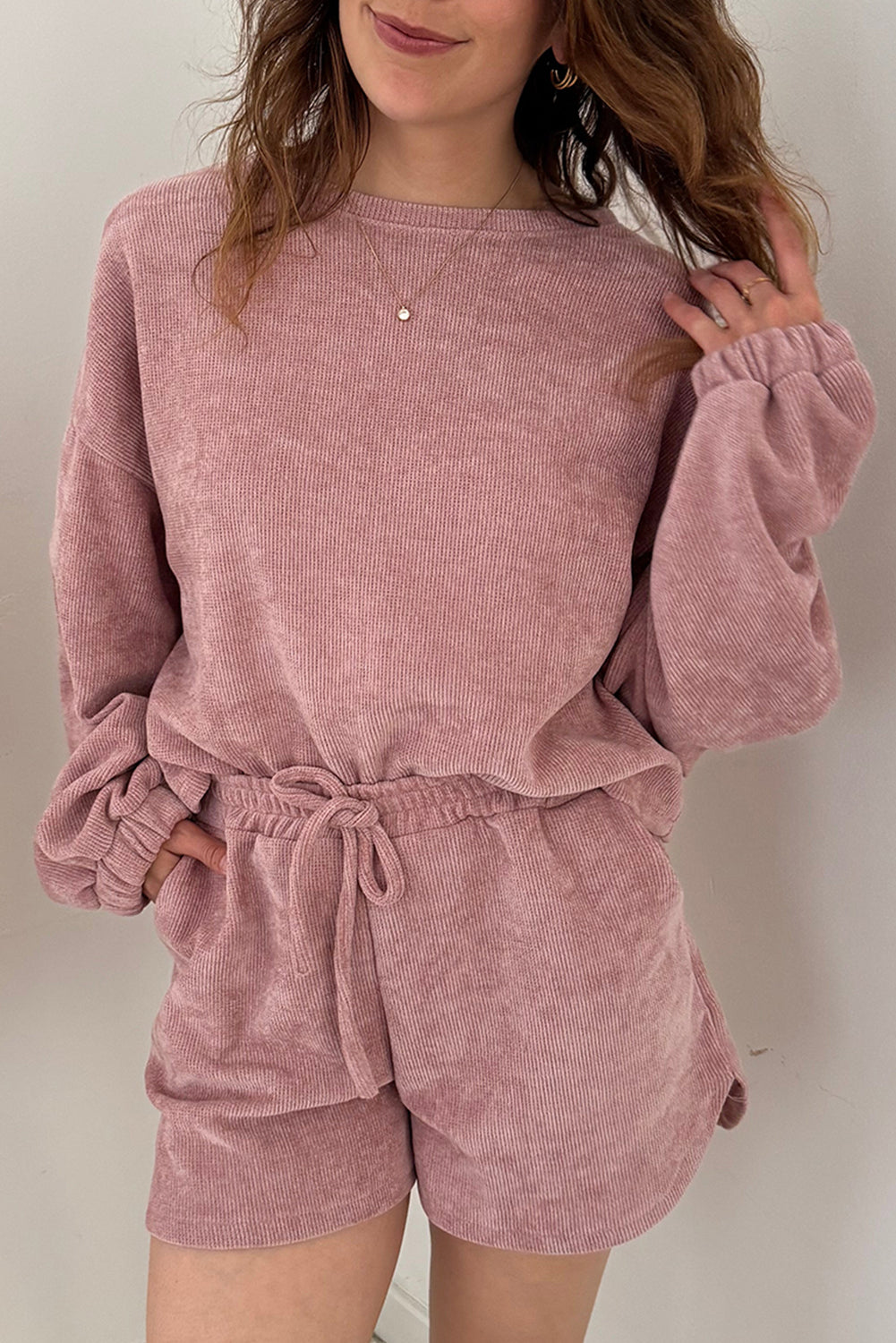 Jet Stream Solid Color Textured Knit Drop Shoulder Pullover Drawstring Shorts Set