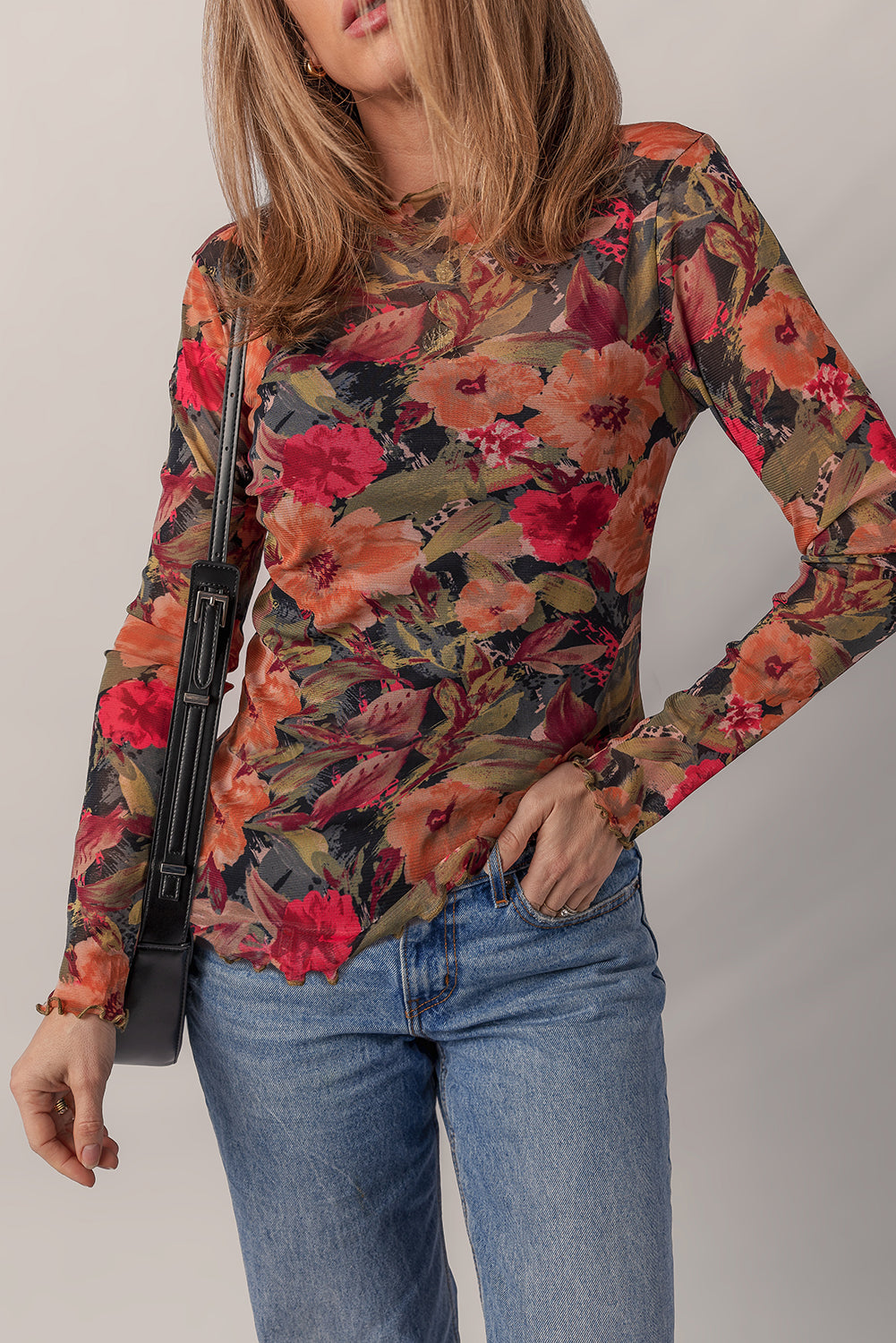 Multicolour Floral Print Lettuce Trim Long Sleeve Mesh Top