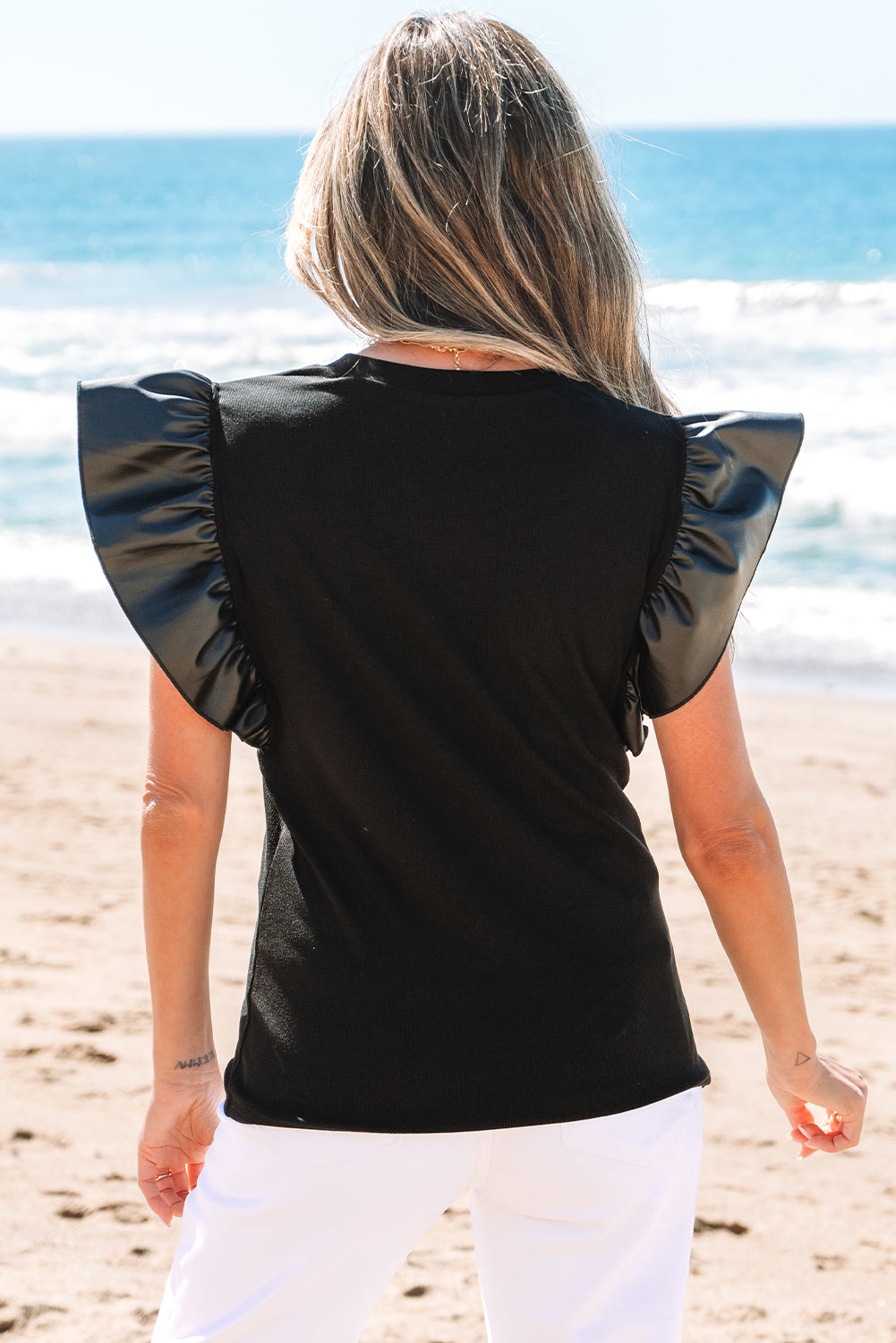 Cinnamon Leather Ruffle Sleeve Patchwork Round Neck Blouse