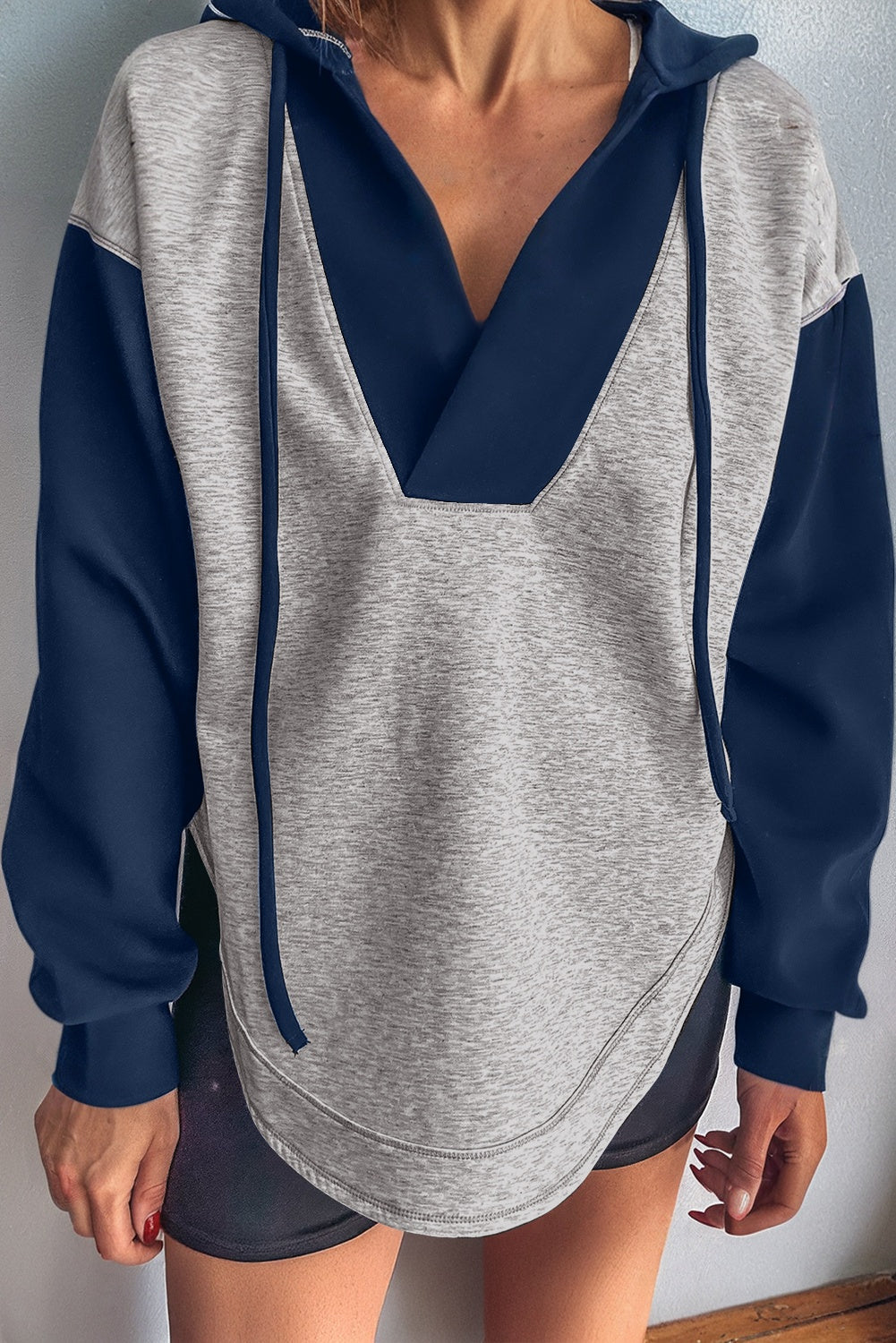 Light Grey Color Block Patchwork V Neck Drawstring Hoodie
