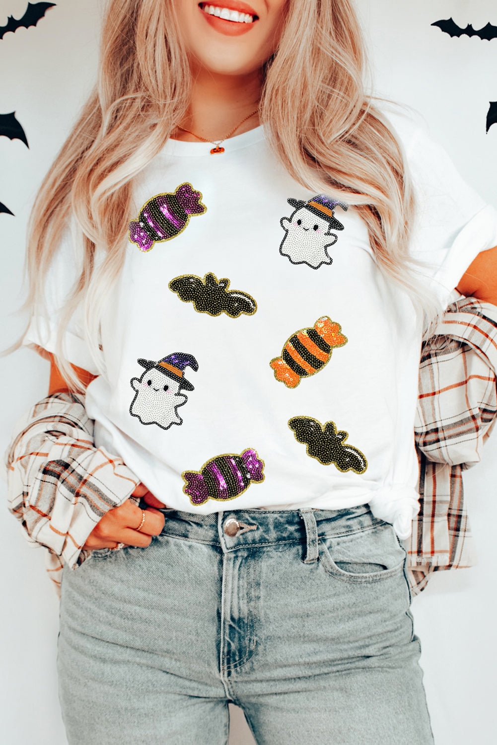 White Sequined Halloween Spirit Pattern Patched Custom Casual Tee