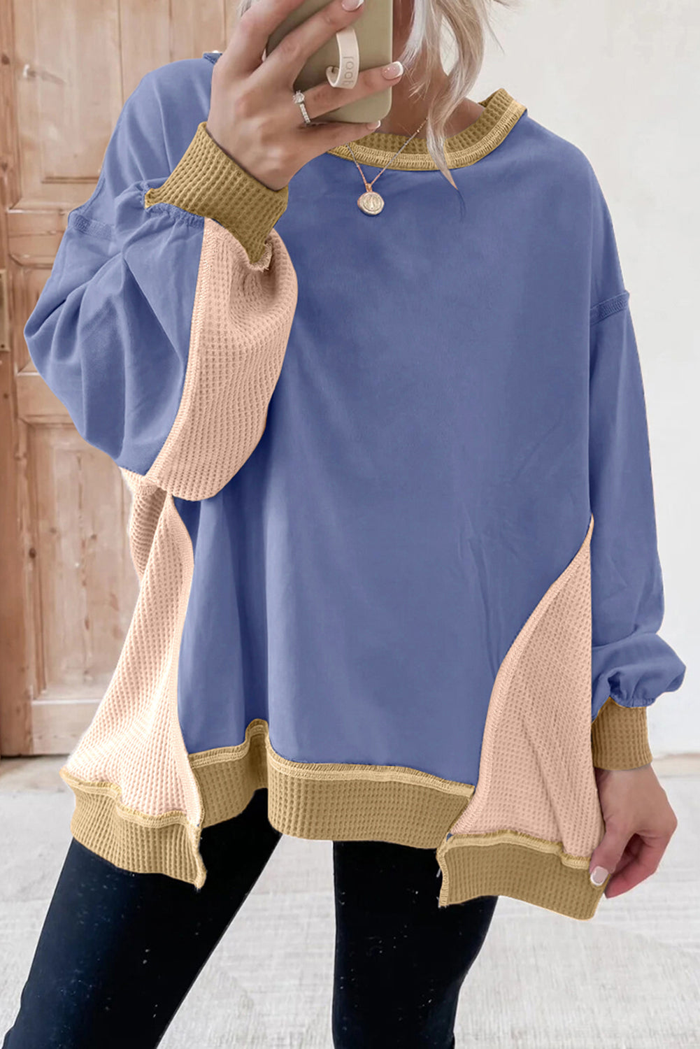 Smoke Green Color Block Mix Texture Waffle Patchwork Oversize Sweatshirt