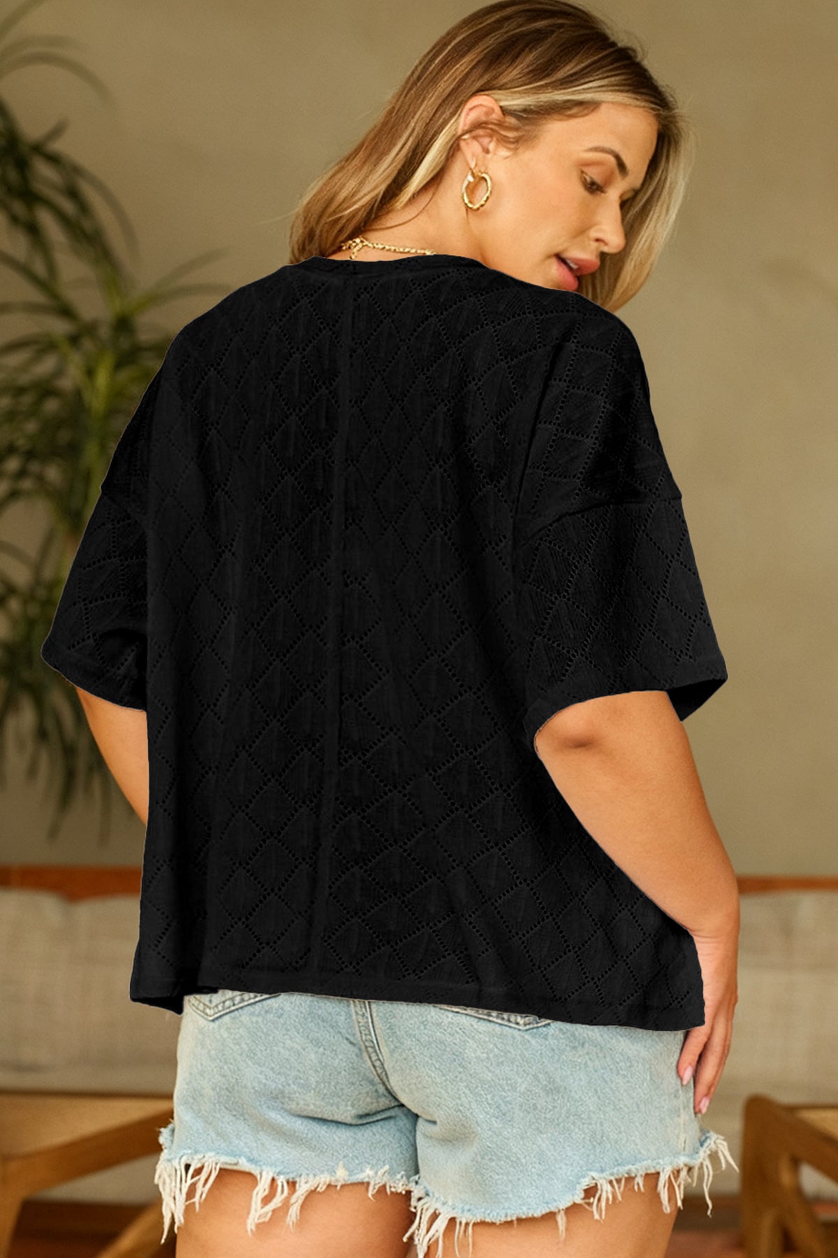Sky Blue Pointelle Rhombus Knit Plus Size V Neck Loose Top