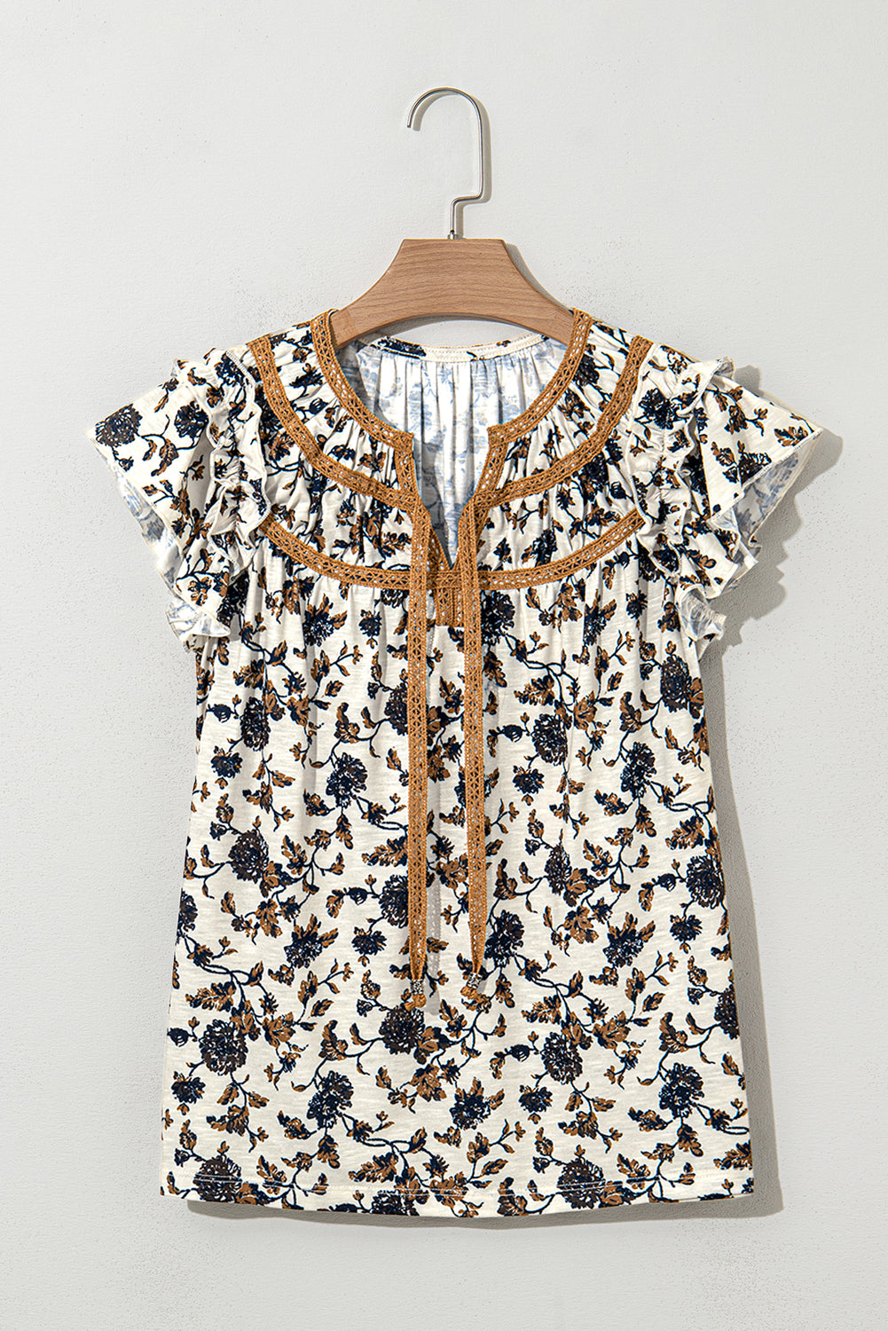 White Floral Frilly Blouse with Lace Up