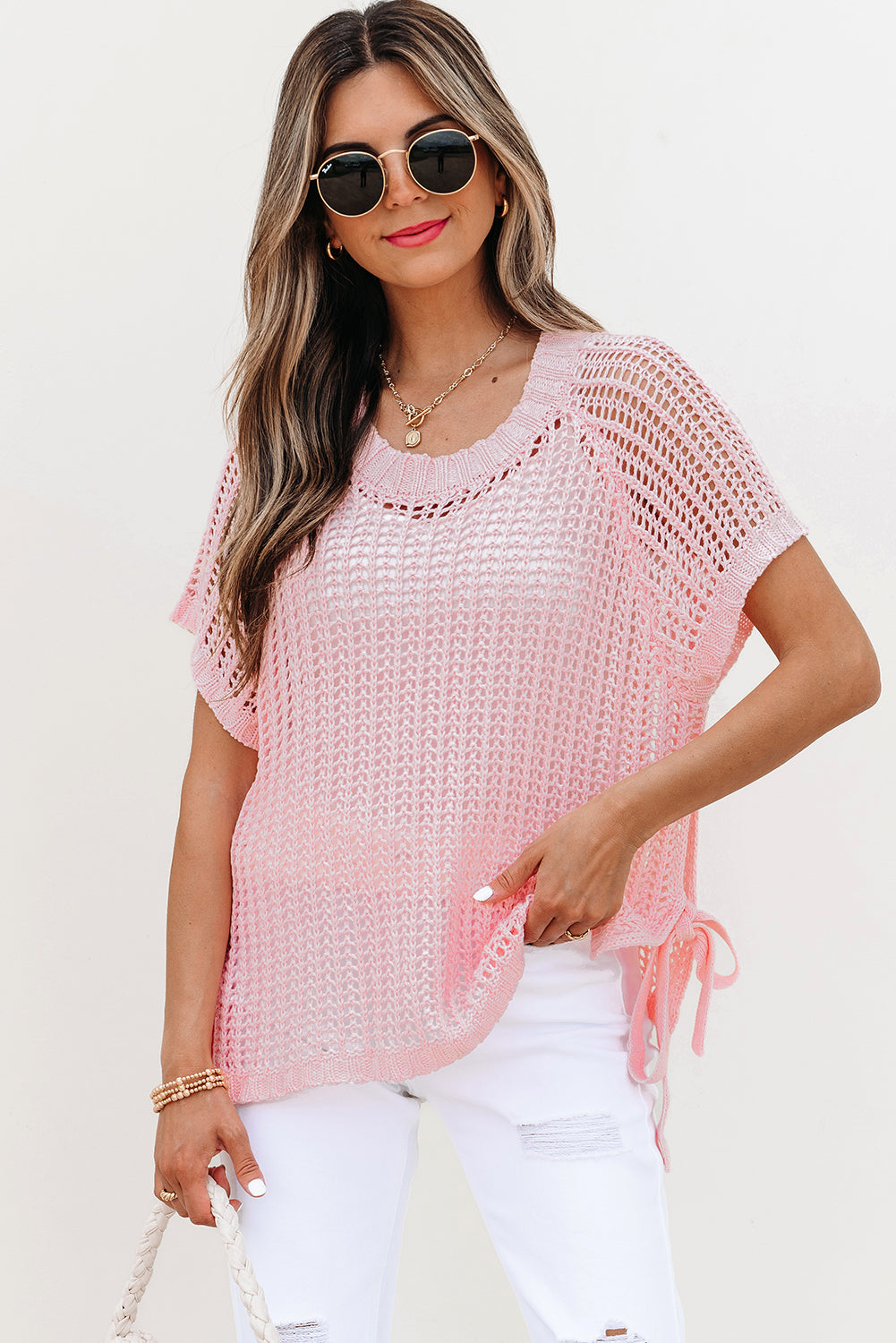 Yellow Cream Hollow-out Crochet Side Tied Short Sleeve Sweater