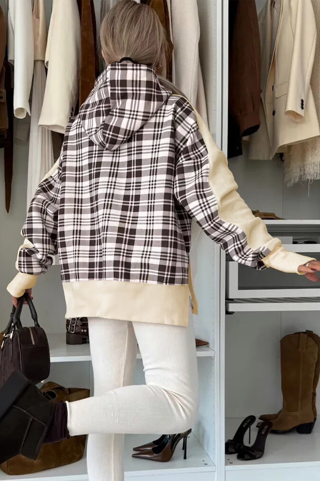 Beige Plaid Patchwork Side Slit Sweatshirt