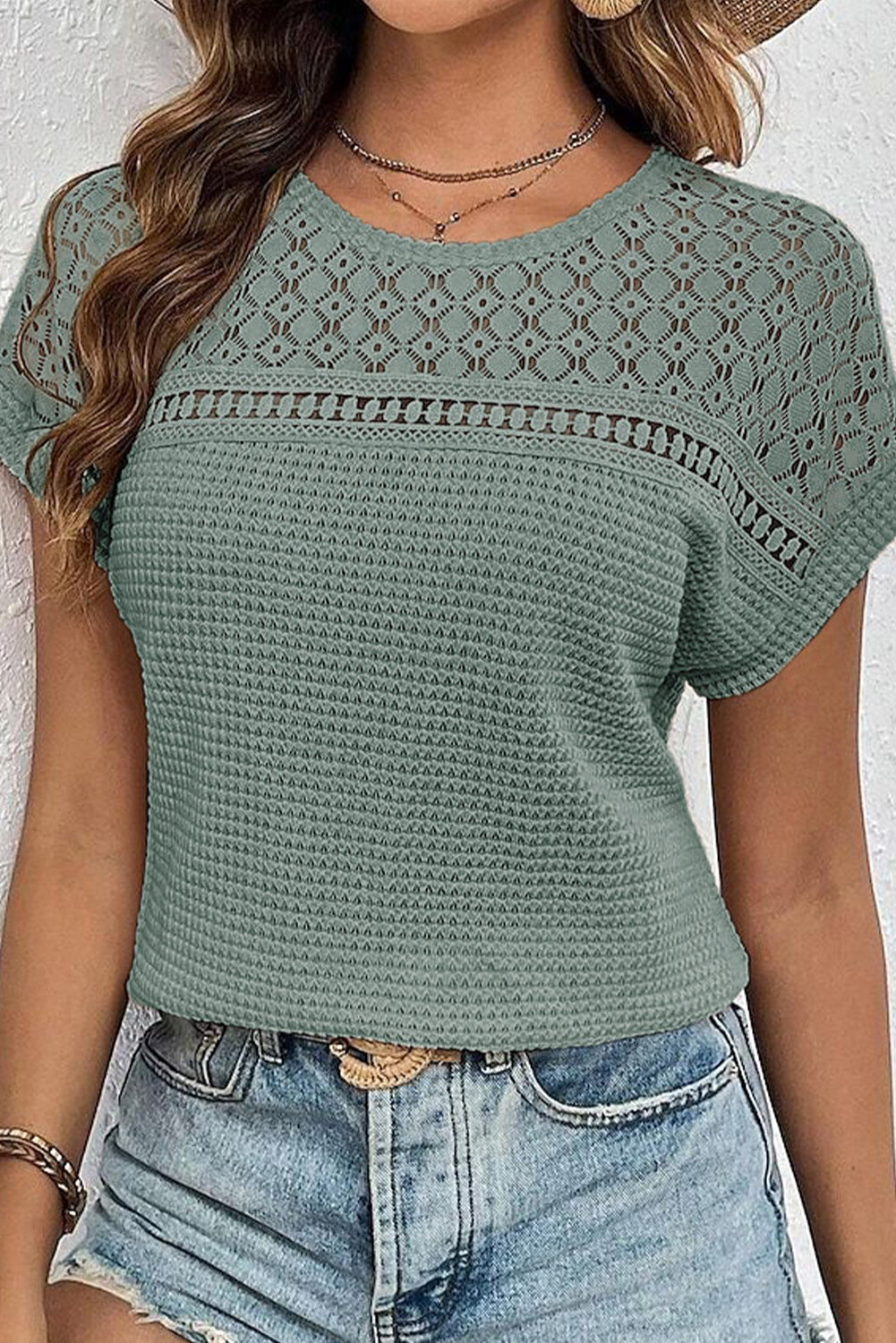 Light Pink Lace Patchwork Waffle Short Sleeve Top