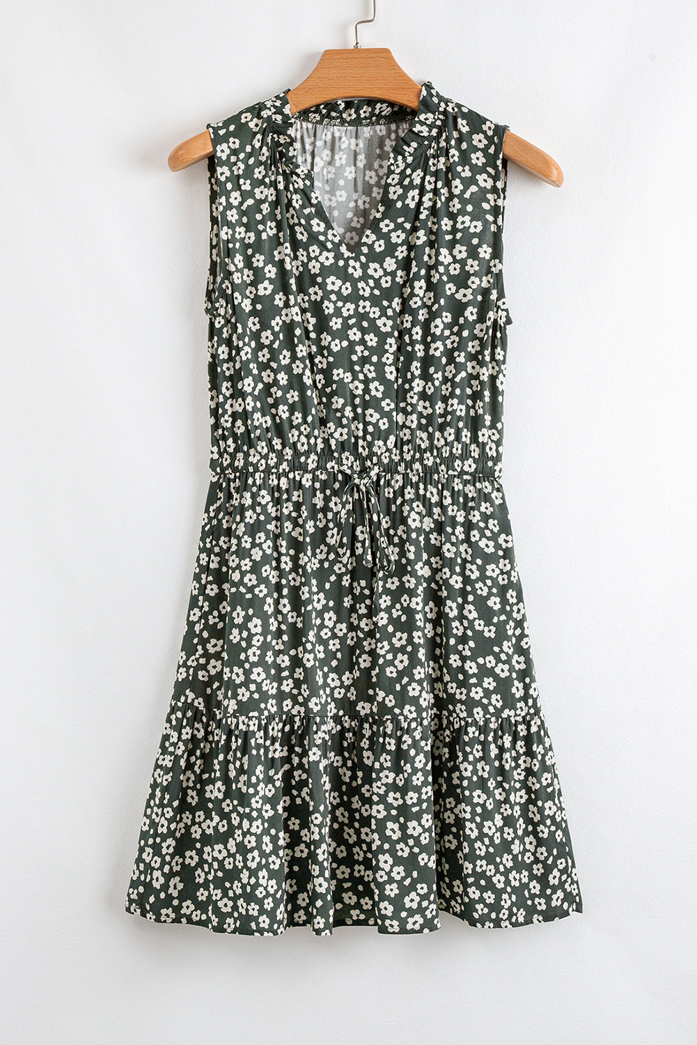 Green Boho Floral Print V Neck Tunic Sleeveless Dress