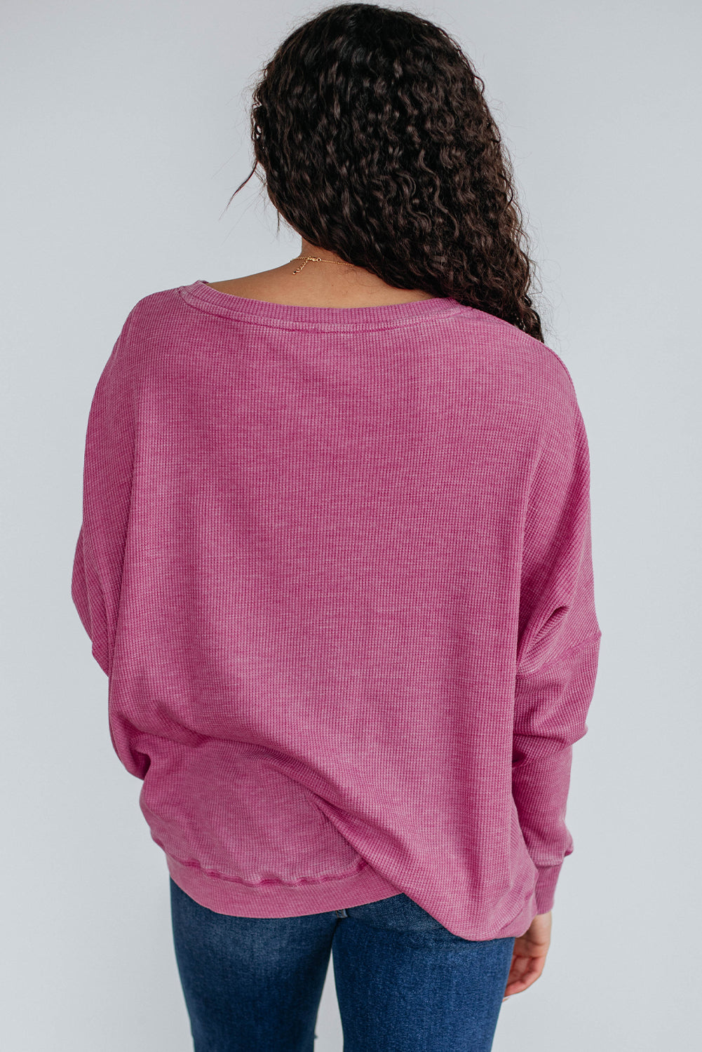 Dark Brown Waffle Knit Patchwork Long Sleeve Loose Top