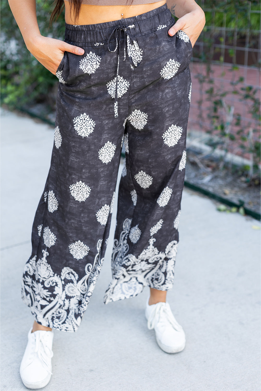 Black Bohemian Printed Drawstring Elastic Waistband Wide Leg Pants