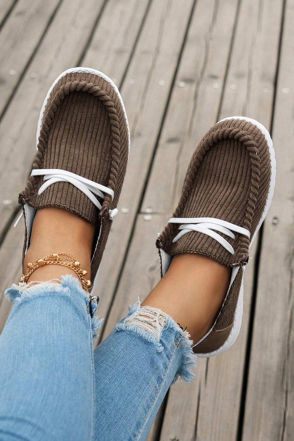 Coffee Solid Ribbed Criss Cross Slip On Casual Shoes