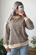 Brown Leopard Print High Neck Long Sleeve Ribbed Cuffs Hem Sweatshirt