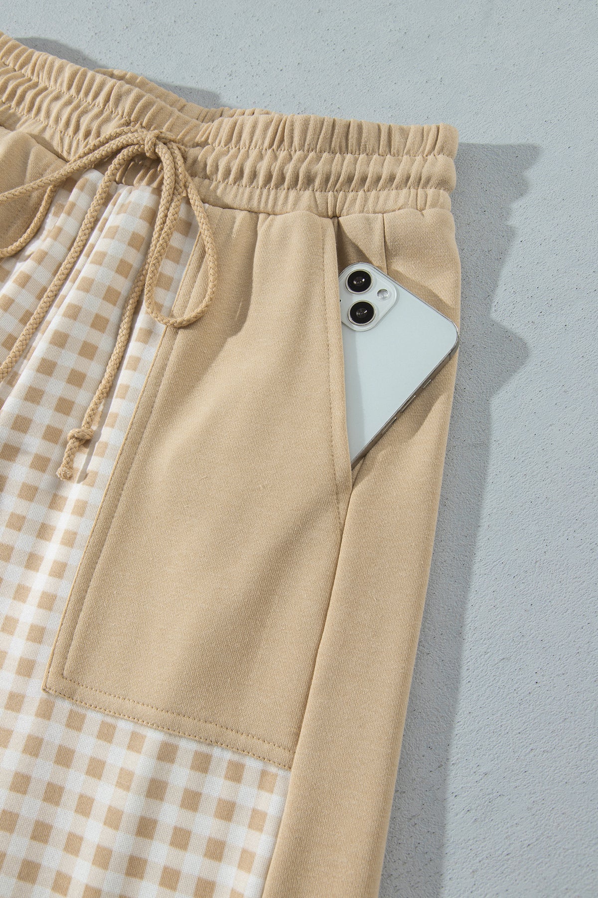 Brown Color Block Plaid Patchwork Long Sleeve Pullover Wide Leg Pant Set