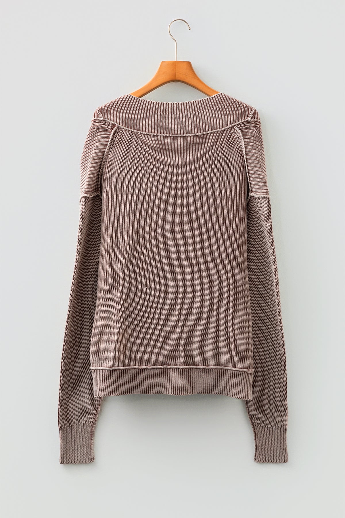 Dark Brown Mineral Wash Exposed Seam Patchwork Knit Open Sweater Cardigan