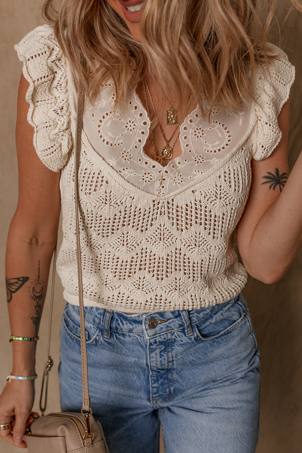 Beige Embroidered Patchwork Hollow Out Knitted Ruffle Sweater Vest