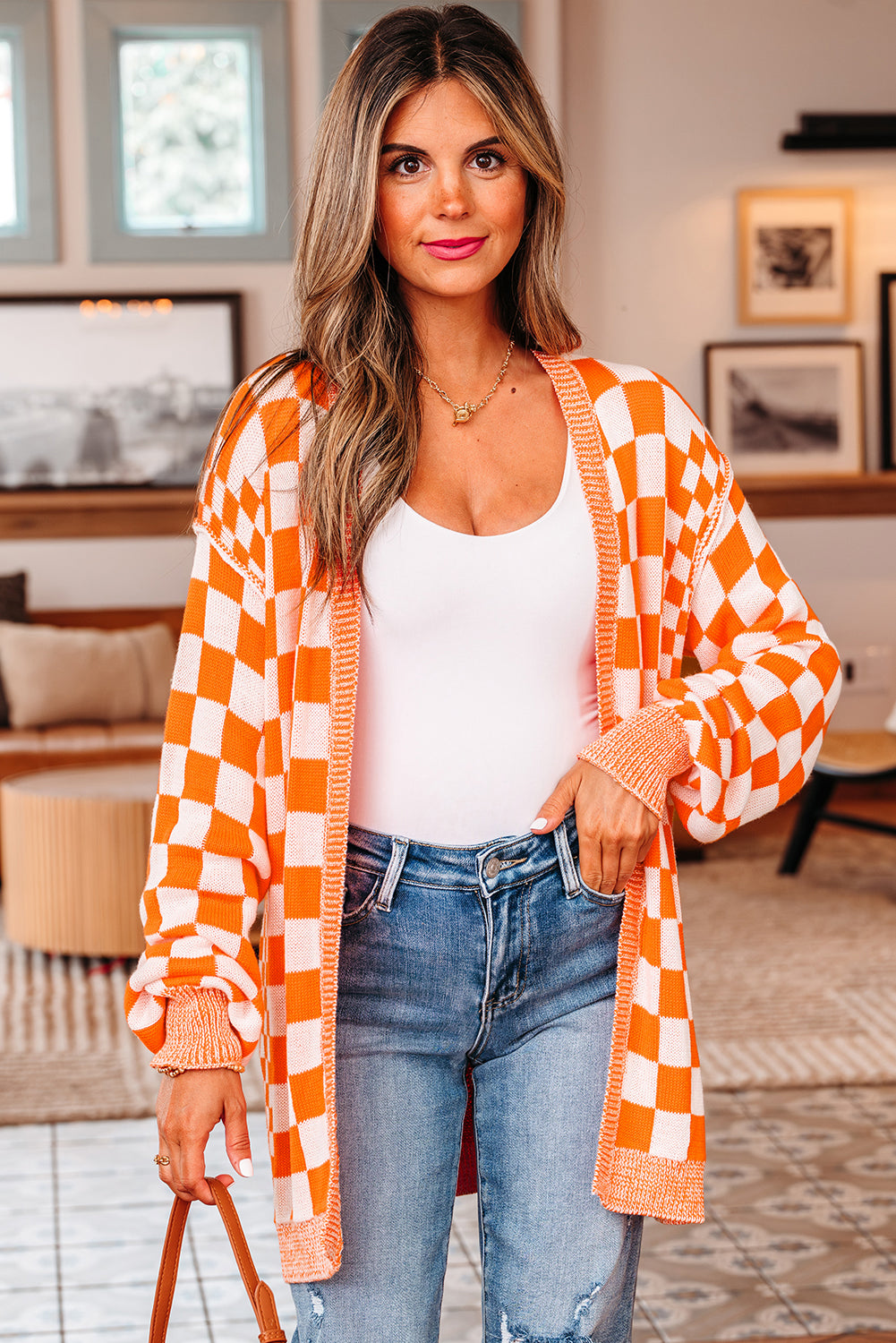 Orange Checkered Open Front Drop Shoulder Cardigan