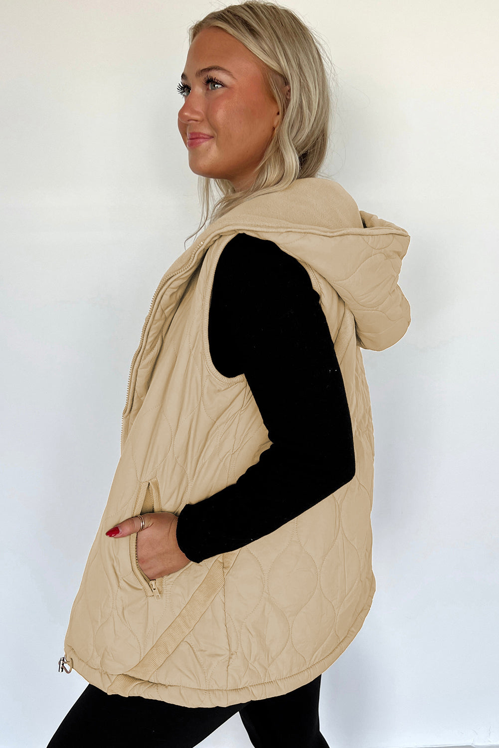 Pale Khaki Quilted Padded Casual Winter Jacket Vest with Fleece Lining
