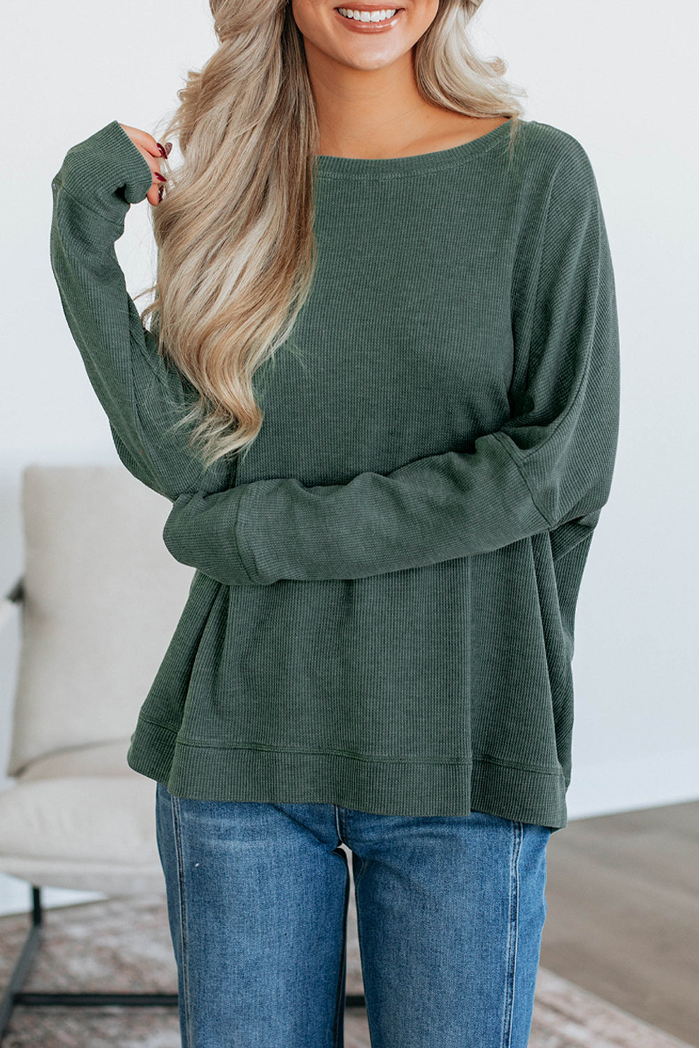 Dark Brown Waffle Knit Patchwork Long Sleeve Loose Top