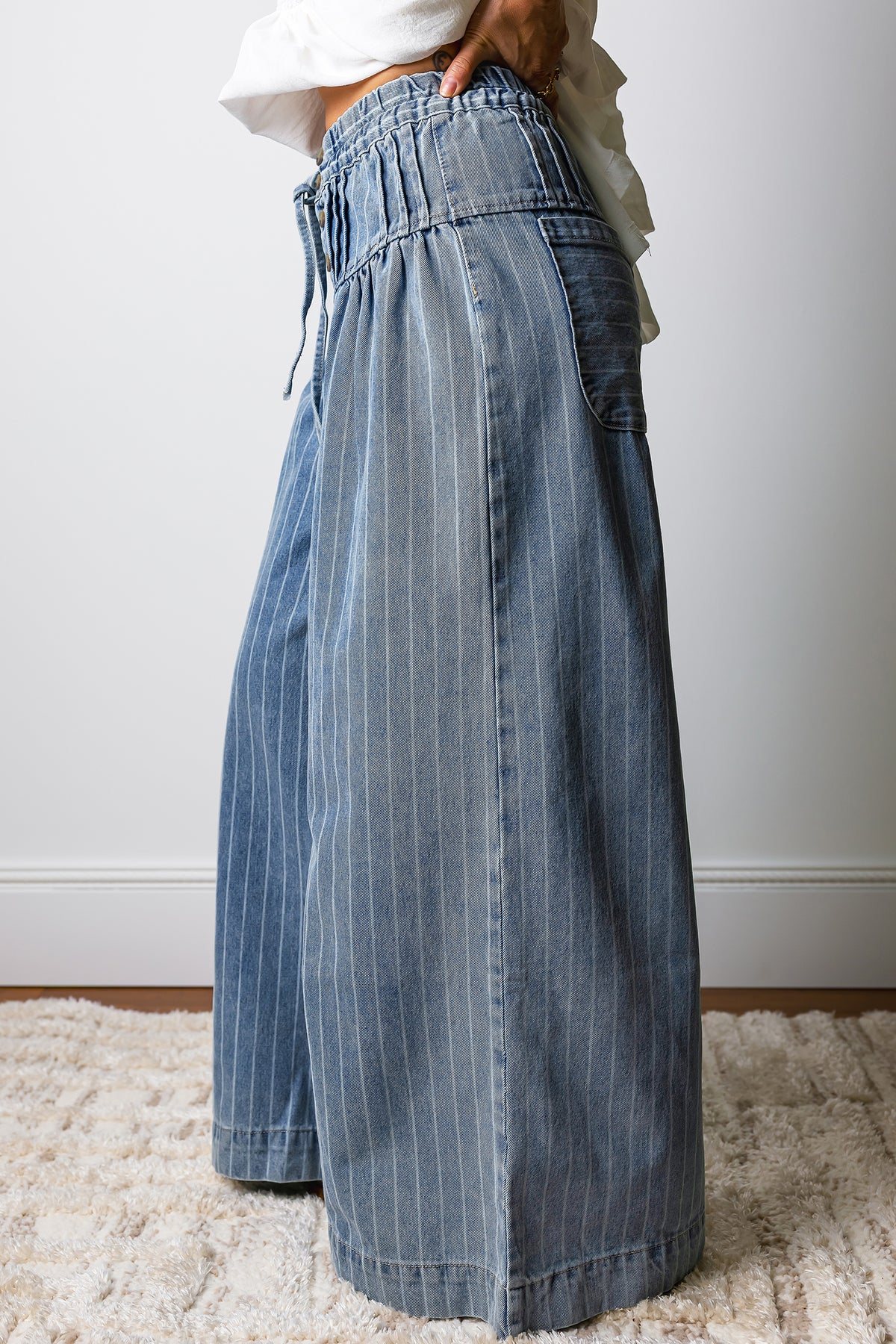 Sky Blue Stripe Button Pleated Drawstring Waist Casual Wide Leg Jeans
