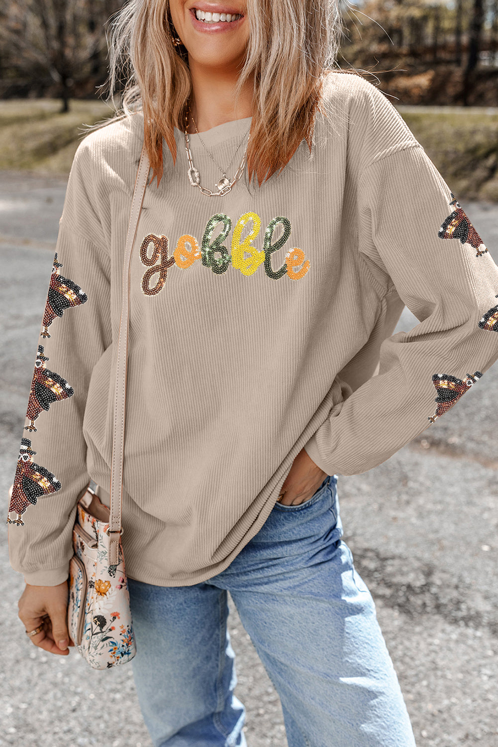 Smoke Gray Corded Ribbed Thanksgiving Turkey Sequin Patched Sleeve gobble Baggy Sweatshirt