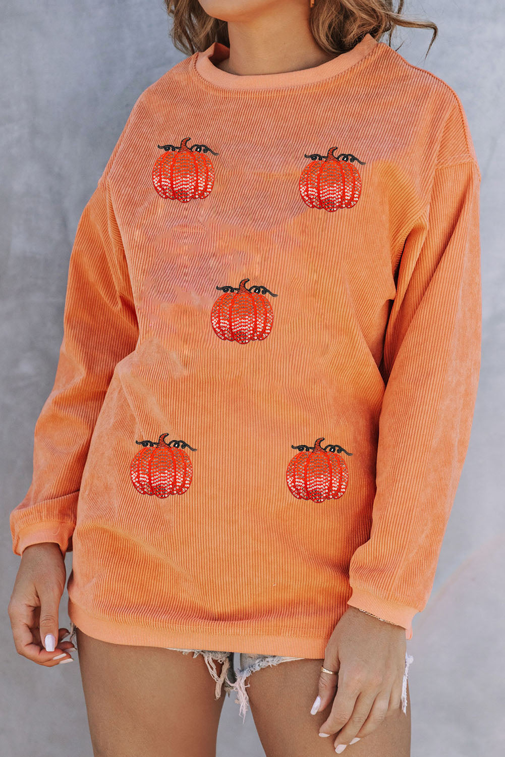 Orange Sequin Pumpkin Patched Twisted Rib Baggy Sweatshirt