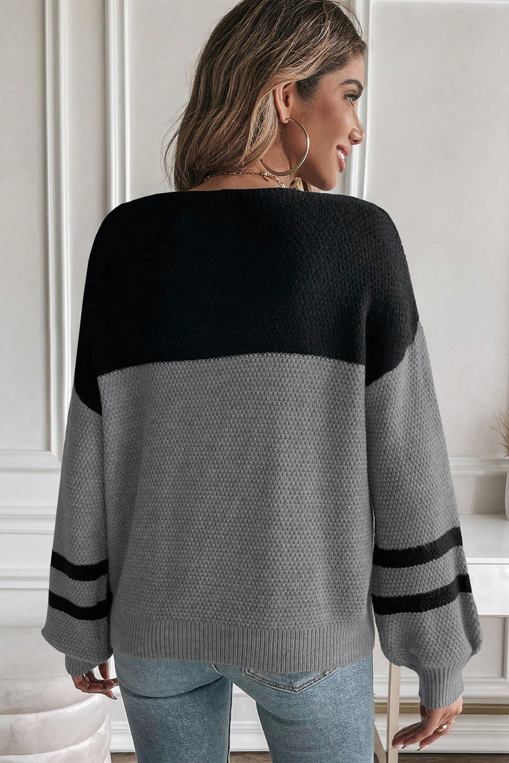 Parchment Color Block Knit Striped Sleeve Detail Casual Sweater
