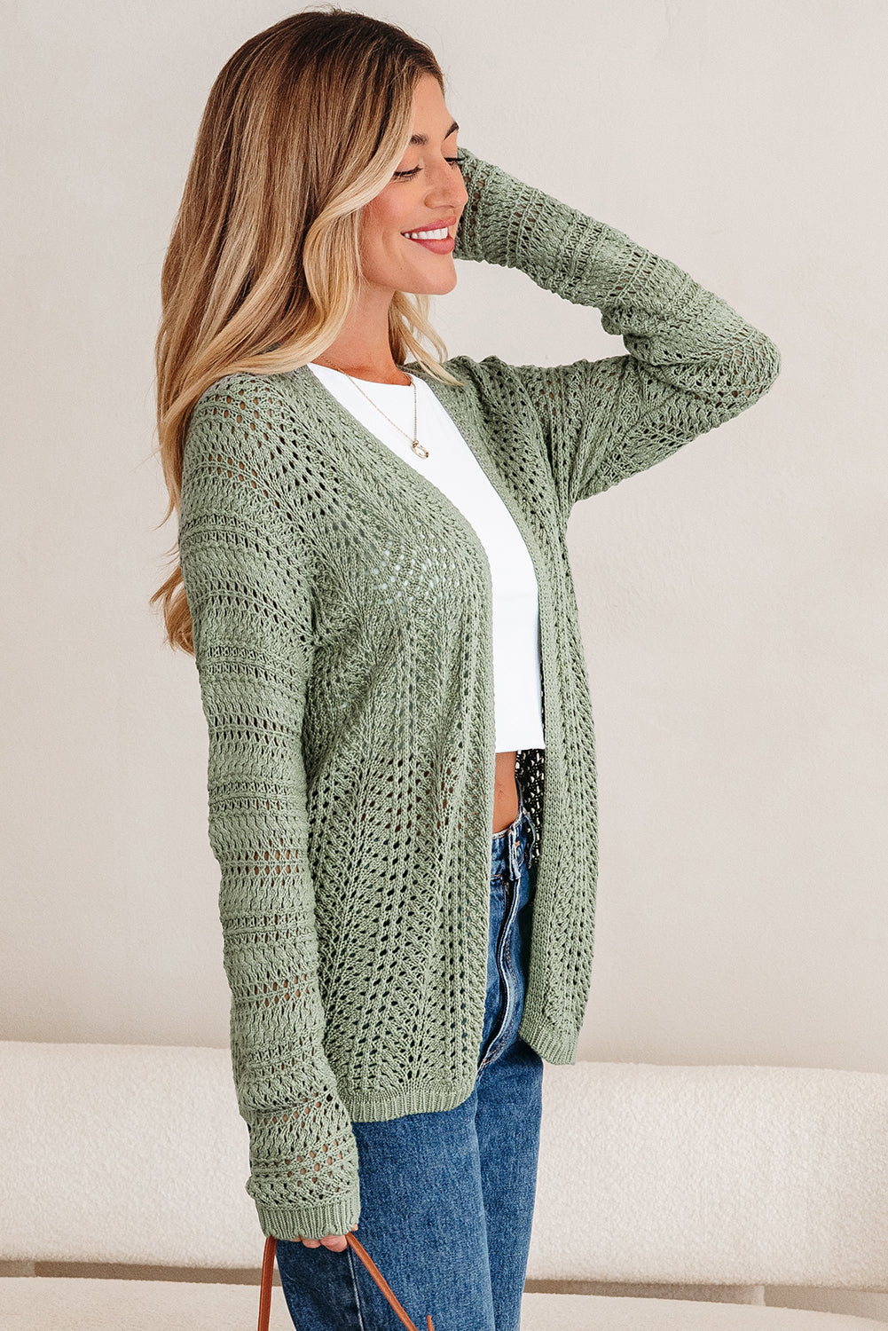 Green Bay Scalloped Edge Eyelet Knit Batwing Sleeve Cardigan