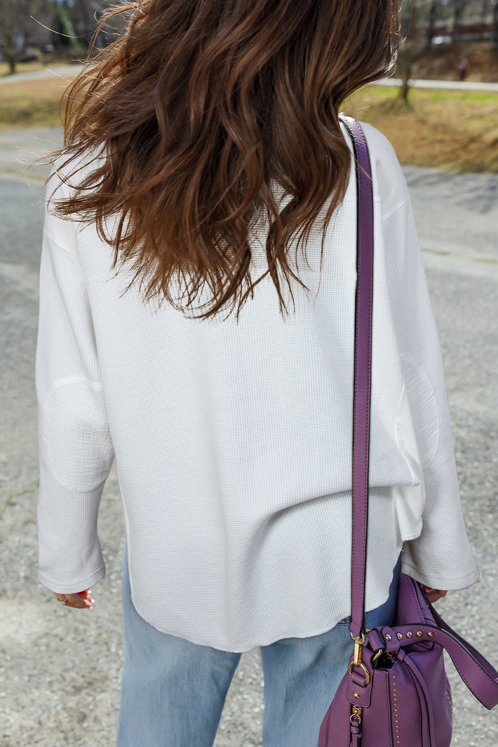 White Solid Color Waffle Ribbed Patchwork Dolman Sleeve Oversize Knit Top