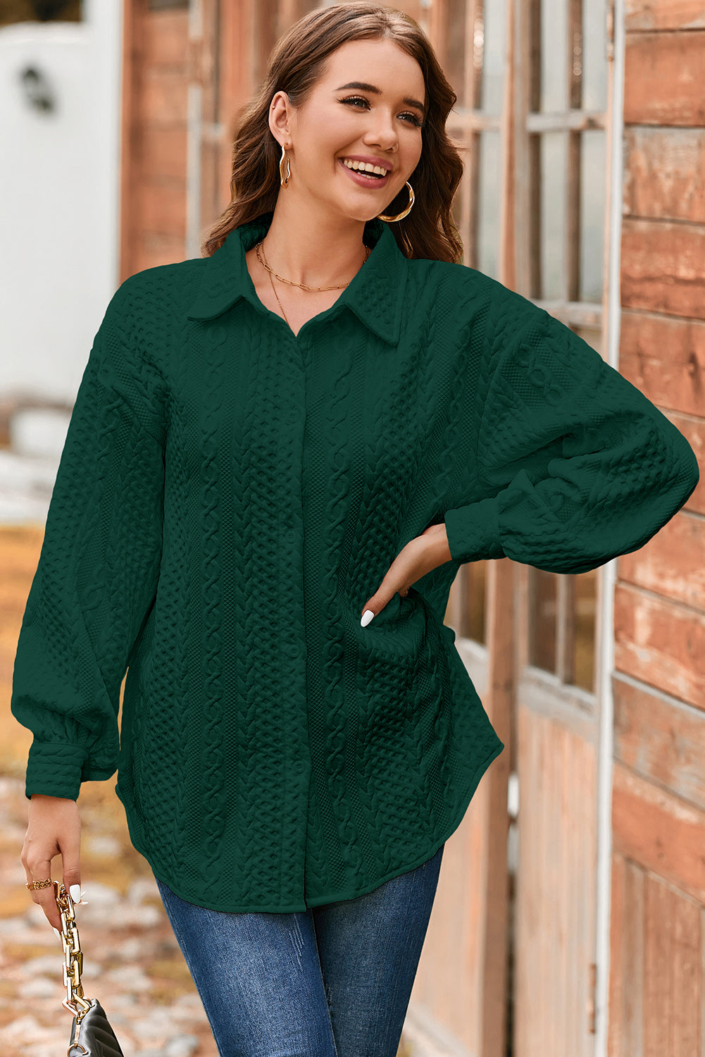 Camel Cable Texture Puff Sleeve Loose Shacket