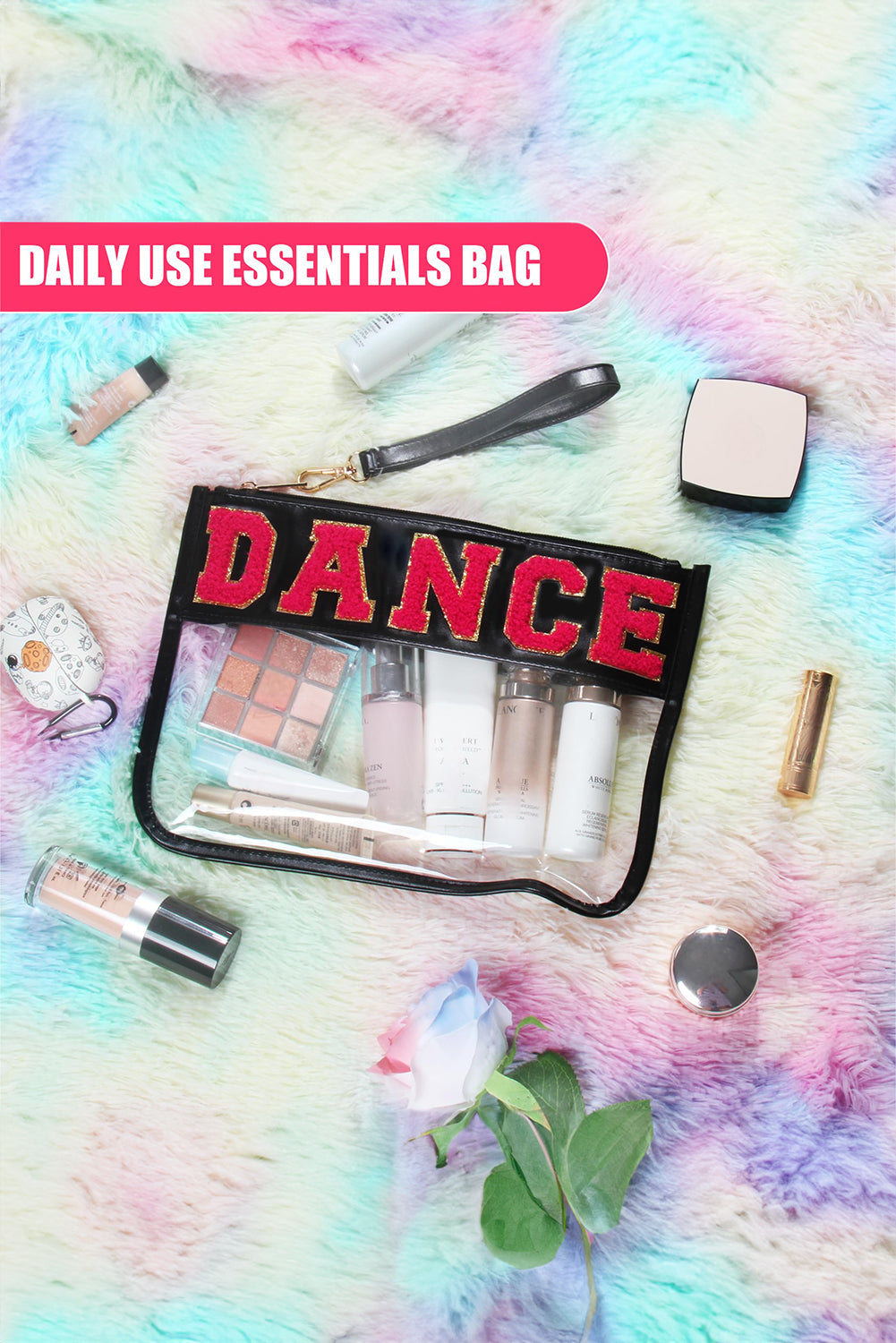 Black DANCE Chenille Letter PU Leather Patchwork Clear Makeup Bag