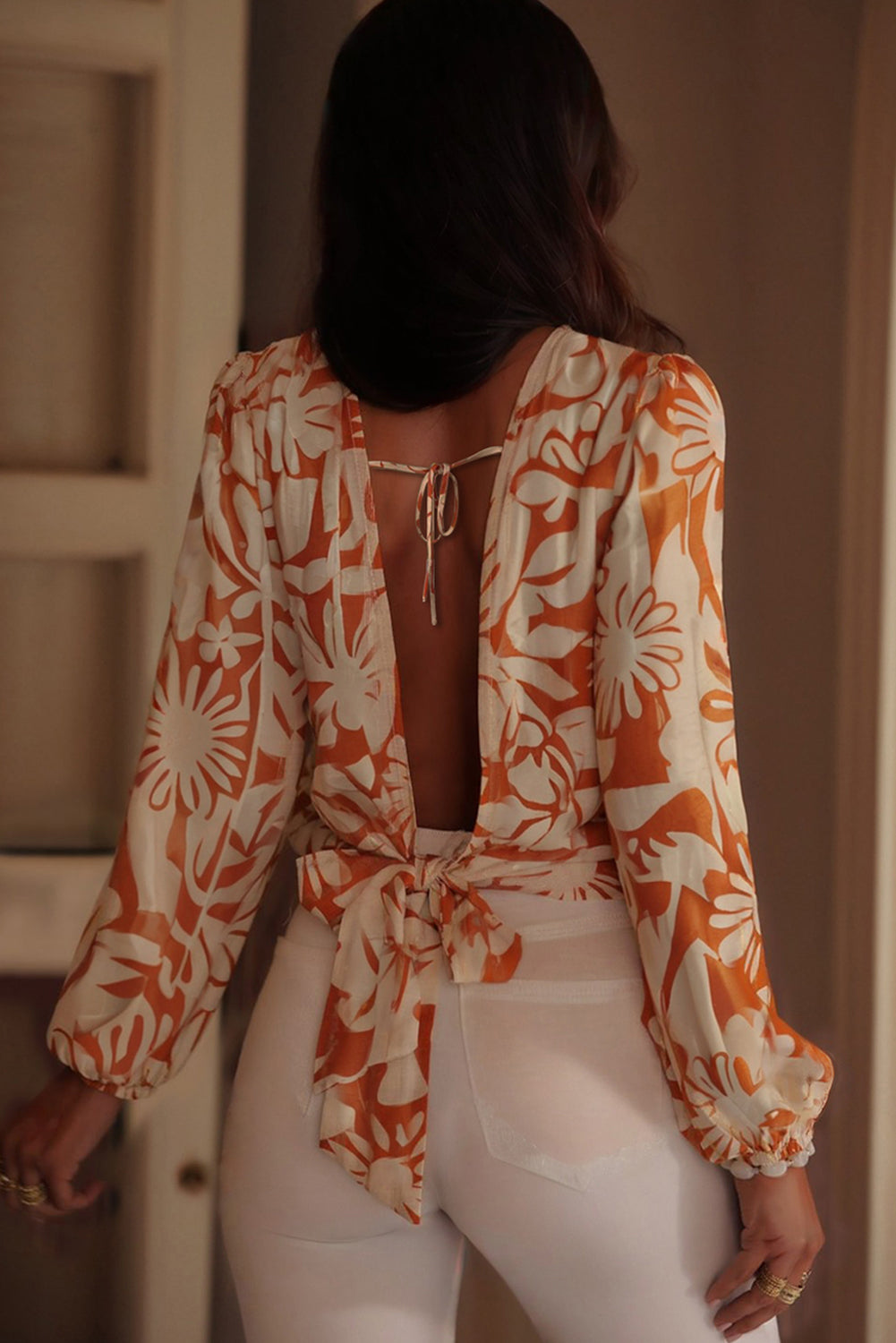 Orange Floral Print Knotted Open Back Long Sleeve Blouse