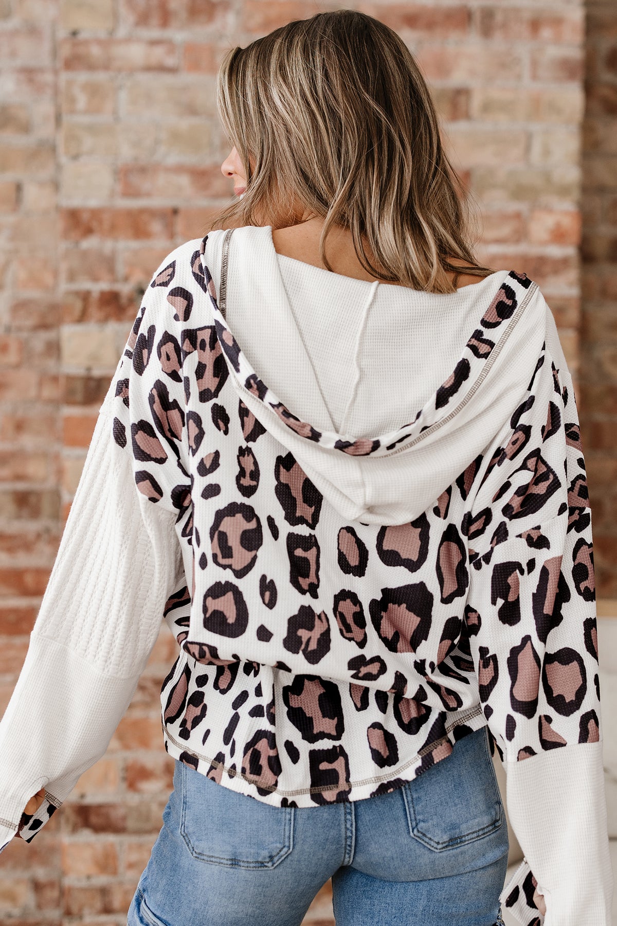 Apricot Oversized Leopard Contrast Mixed Texture Patchwork Zip Up Drop Shoulder Hoodie
